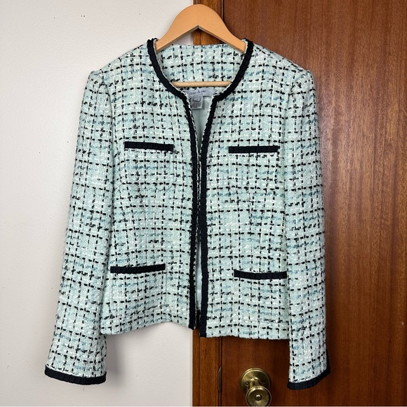 Mac & Jac Anthropologie Tweed Jacket Blazer Black Ribbon Trims Women Medium - Picture 2 of 12